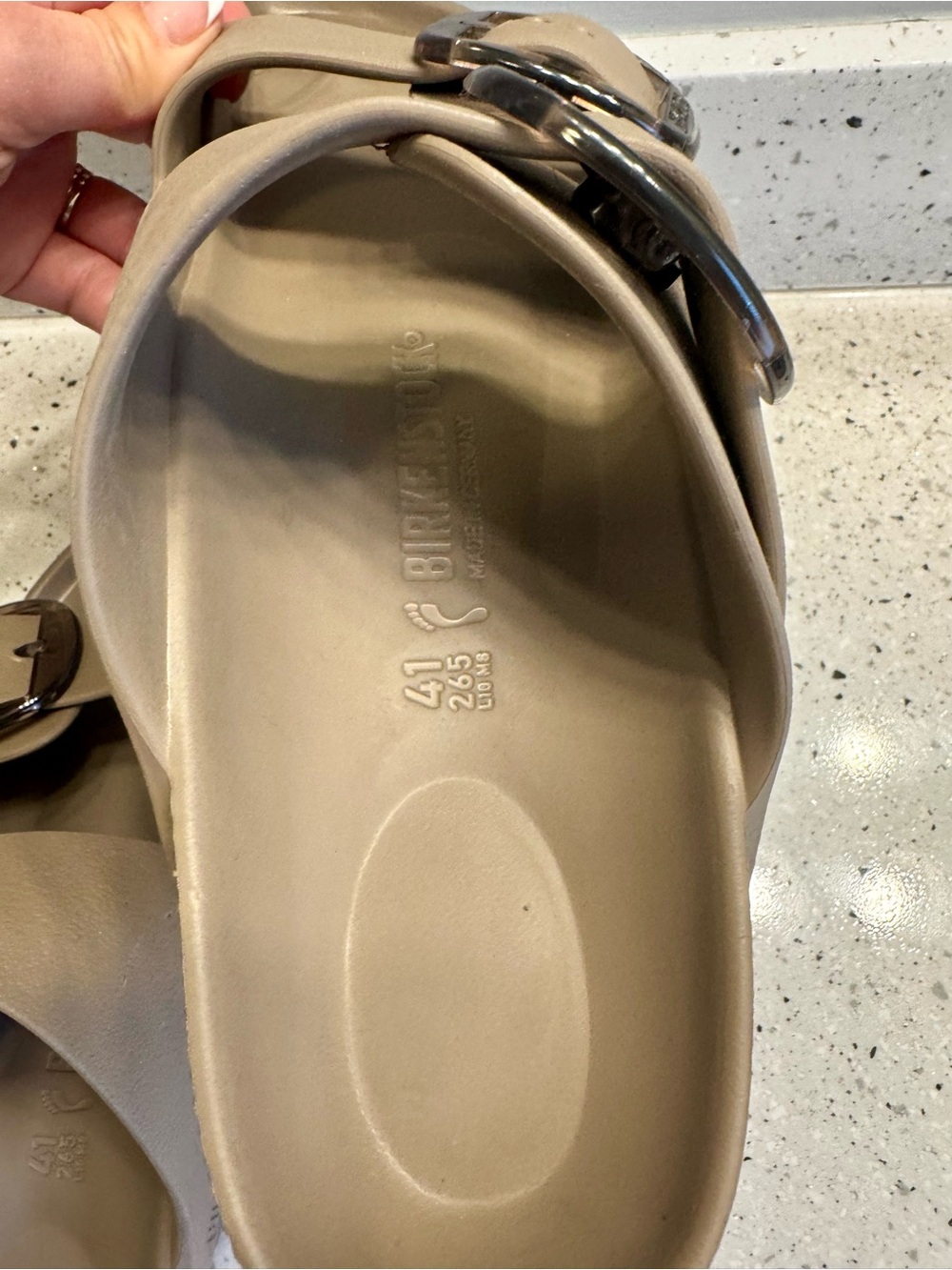 Birkenstock EVA 2-Strap Slide Sandals in Taupe Brown with Big Buckles - Picture 6 of 9